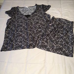 Marilyn Monroe Black Gray Pajama Set Floral Polyester Cropped Pants Lace Insert